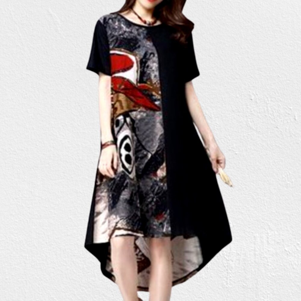 Zanzea Collection Plus Size Maxi Dress, High Low Hem, Short Sleeve, Black Print